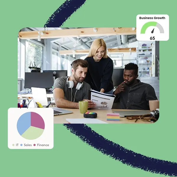 Team collaborating at a desk, with illustrated business charts
