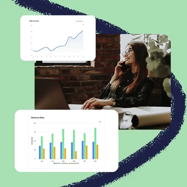 Assistant working on a call, with illustrated business charts